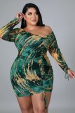Large women's 2021 fall hot off shoulder green print rope wrap hip dress