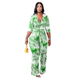 Autumn temperament commuter elastic waist green healthy cloth printing large size jumpsuit