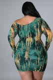 Large women's 2021 fall hot off shoulder green print rope wrap hip dress