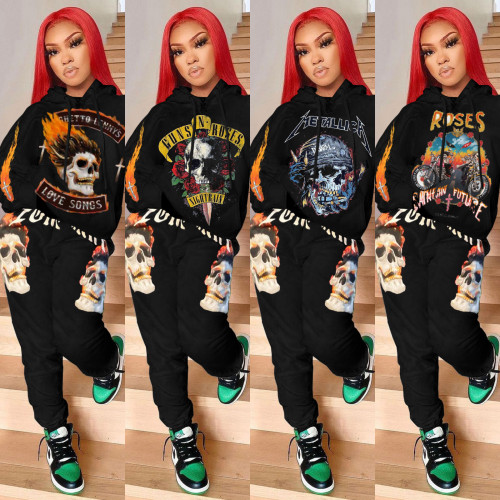 2021 women's autumn and winter new skull sweater with hood sports two-piece suit