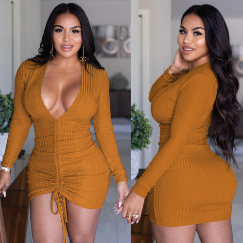 Fall Women's 2021 Pure Color V-neck Ruched Casual Sexy Dress