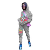 2021 autumn new positioning printing women's loose hooded sweater two-piece suit