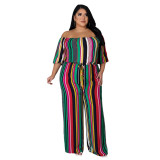Autumn fashion plus size women's nightclub fashion colorful striped bandage wide-leg jumpsuit