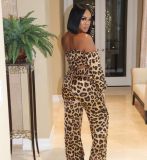 Autumn women's fashion new style pleated one-shoulder lantern sleeve top leopard print trousers suit