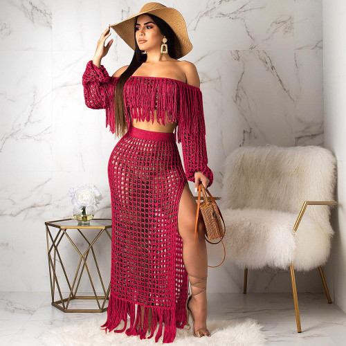 Summer new hollow sexy fashion mesh tassel perspective two-piece suit women