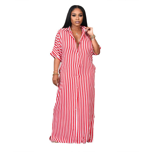2021 autumn cotton blended casual striped shirt long skirt loose simple dress
