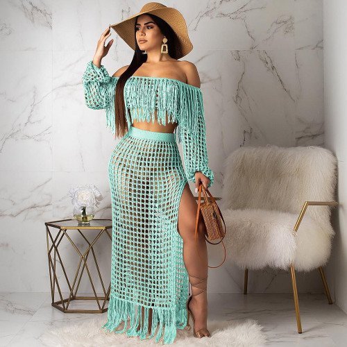 Summer new hollow sexy fashion mesh tassel perspective two-piece suit women