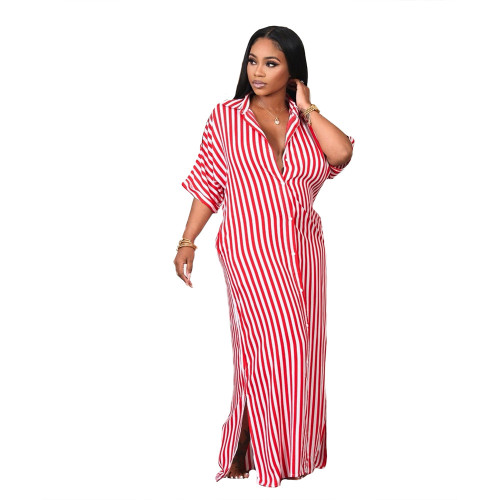 2021 autumn cotton blended casual striped shirt long skirt loose simple dress