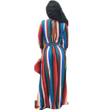 Women's sexy striped fashion autumn long-sleeved back hollow long sexy dress