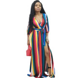 Women's sexy striped fashion autumn long-sleeved back hollow long sexy dress