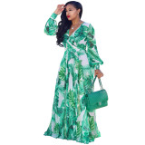 Autumn women's chiffon printed long-sleeved dress with lining belt and big swing S-4XL
