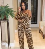 Autumn women's fashion new style pleated one-shoulder lantern sleeve top leopard print trousers suit
