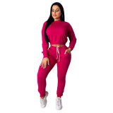 Fall/winter women's casual sports solid color long-sleeved pullover blouse + drawstring trousers suit women