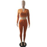 Pure color fashion sports tight-fitting sexy two-piece autumn and winter outfit