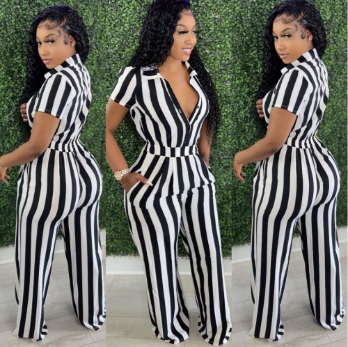 Sexy fashion striped printed and dyed V-neck women's jumpsuit