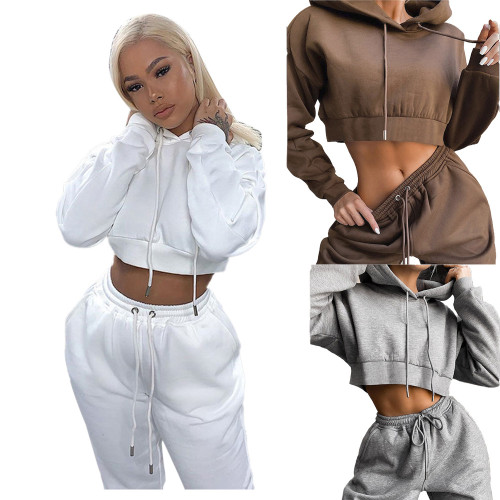 Autumn and winter solid color hooded long-sleeved trousers street casual sports cotton blended ladies suit