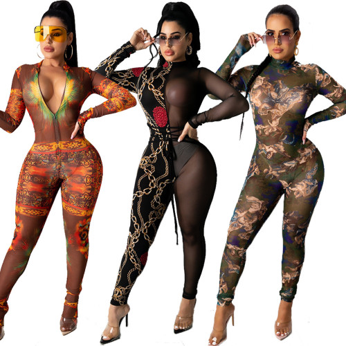 Sexy fashion mesh printed long-sleeved jumpsuit