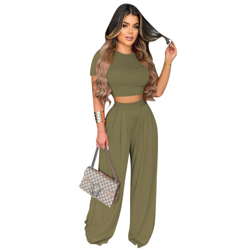 Fashion casual wide leg solid color two-piece suit