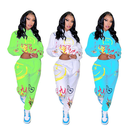 Autumn and winter women's fashion hooded positioning printing sweater trousers suit two-piece