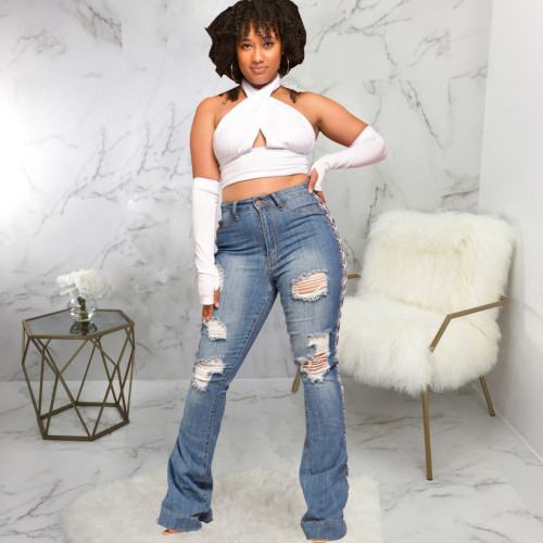 Lace-up washed denim stretch ripped micro-flared pants jeans