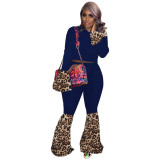 Autumn and winter casual fashion sports sweater suit leopard print top flared pants two-piece suit