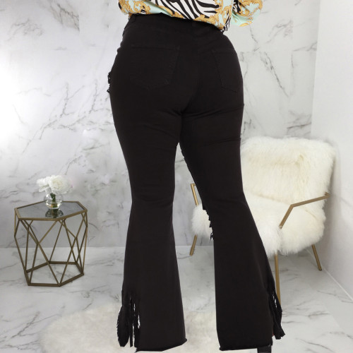 Large size fringed hole stretch slim fit flared pants jeans