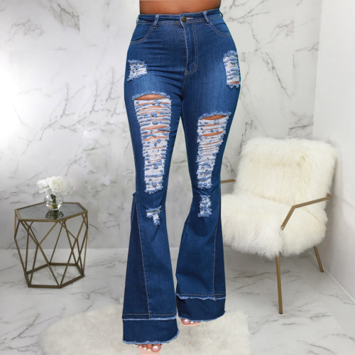 Sexy fashion all-match stitching ripped elastic slim fit flared jeans