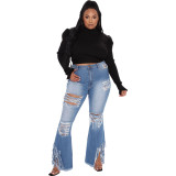 Plus size fashion fringed ripped stretch slim-fit flared jeans