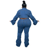 Plus size women's 2021 autumn and winter new denim two-piece set of pleated pile pants