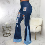 Sexy fashion all-match stitching ripped elastic slim fit flared jeans