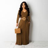 Sexy solid color high quality V-neck long sleeve dress