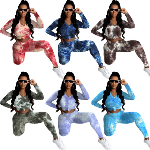 Autumn and winter casual fashion sports suit new product fold tie-dye two-piece female