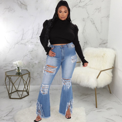 Plus size fashion fringed ripped stretch slim-fit flared jeans