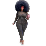 2021 autumn and winter new long-sleeved large-size tight sexy mesh hot diamond jumpsuit trousers