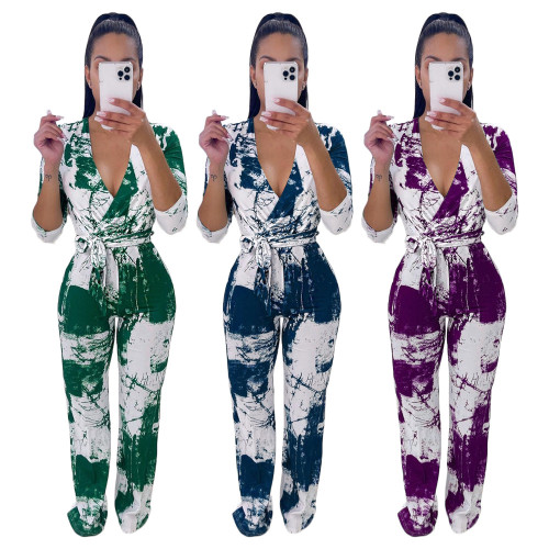2021 autumn and winter new printed casual jumpsuit with belt