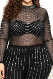 Autumn new style large size high elastic mesh see-through sexy long-sleeved hot diamond jumpsuit for women