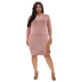 Women's 2021 autumn new solid color split small V-neck sweater dress