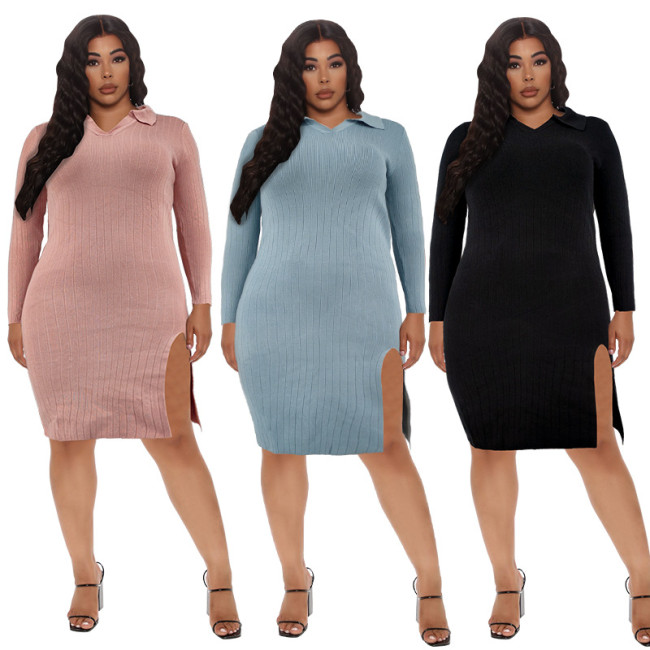 Women's 2021 autumn new solid color split small V-neck sweater dress