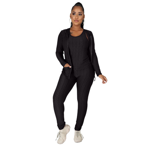 New autumn and winter hooded zipper sweater yoga pants sports three-piece suit + vest S-4XL