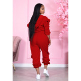 Autumn and winter women's new solid color Ruffle hooded two-piece set