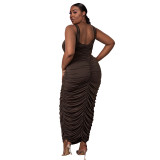 Autumn tight-fitting pleated solid color long trend plus size women's dress