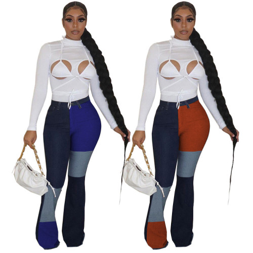 Autumn women's multicolor stitched Plaid horn temperament commuter jeans