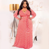 Autumn and winter printed deep V slim long with belt plus size women's dress