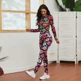 Autumn and winter fashion printed tight-fitting long-sleeved suit sports two-piece suit