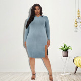 Women's 2021 autumn new solid color split small V-neck sweater dress