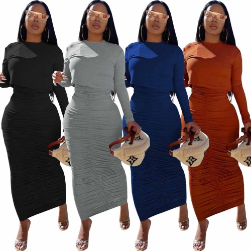 Autumn fashion solid color long sleeve round neck Pullover Skirt Set