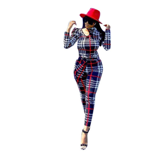 Autumn and winter fashion slim casual plaid three-color long-sleeved jumpsuit women's clothing