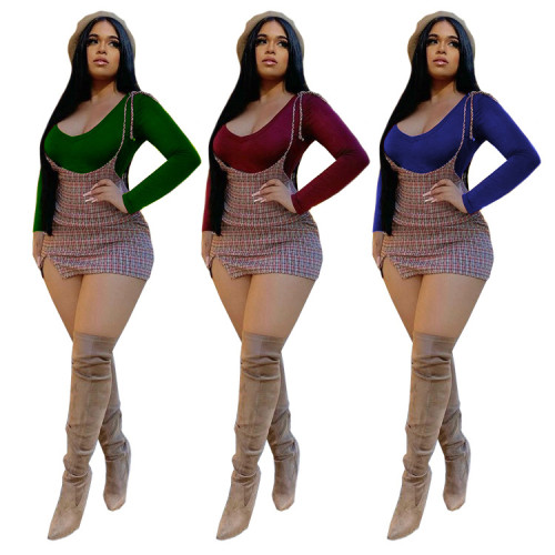 Autumn women's sexy mix and match top plaid skirt temperament commuting 2-piece set