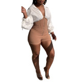 Autumn new style long-sleeved sexy low-cut shirt tight-fitting pull-on shorts plus size jumpsuit