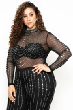 Autumn new style large size high elastic mesh see-through sexy long-sleeved hot diamond jumpsuit for women